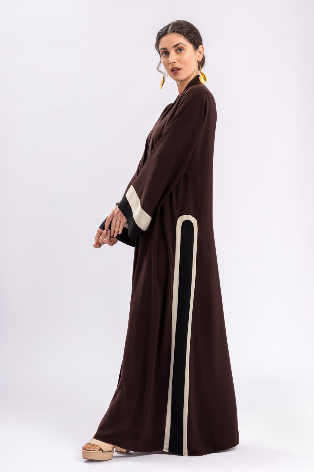 Brown Beige Black Stripe Abaya FERADJE