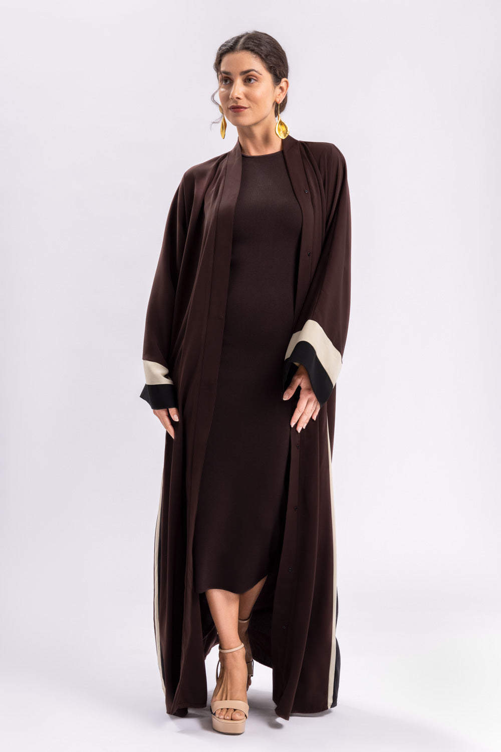 Brown Beige Black Stripe Open Abaya FERADJE