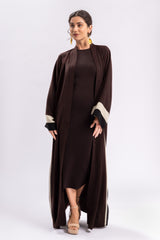 Brown Beige Black Stripe Open Abaya FERADJE