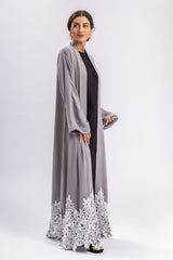 Grey Open Abaya White Lace FERADJE