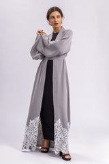 Grey Open Abaya White Lace FERADJE