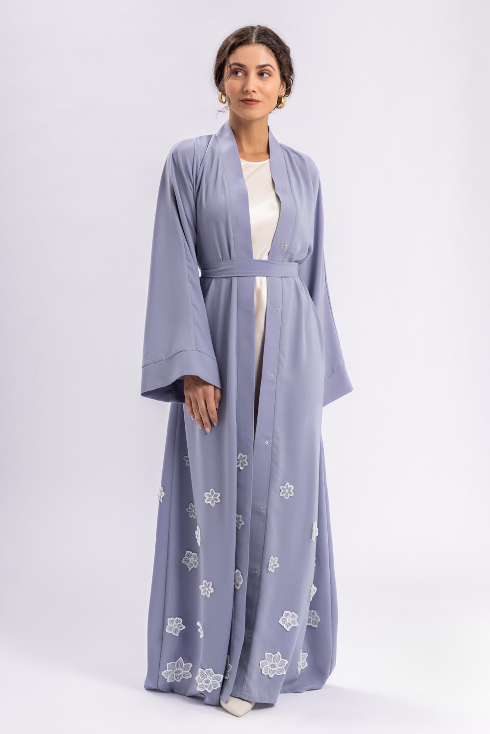 Blue Open Abaya White Flowers Belt FERADJE
