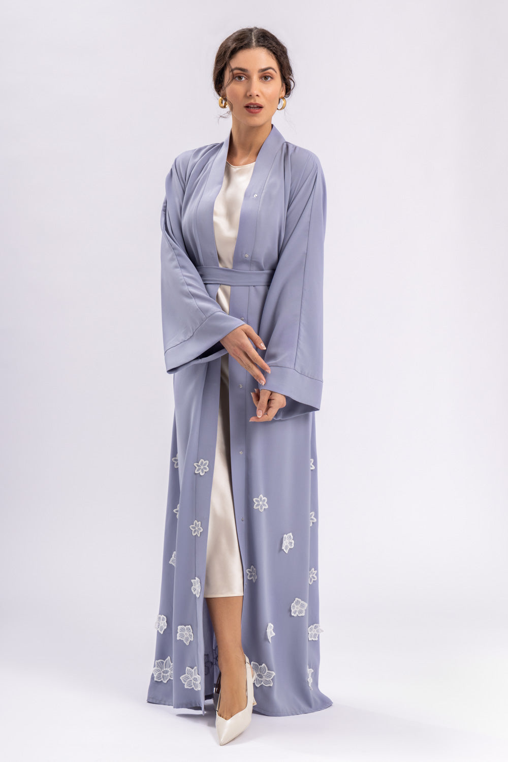Blue Open Abaya White Flowers FERADJE