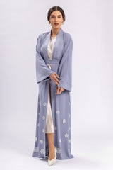 Blue Open Abaya White Flowers FERADJE