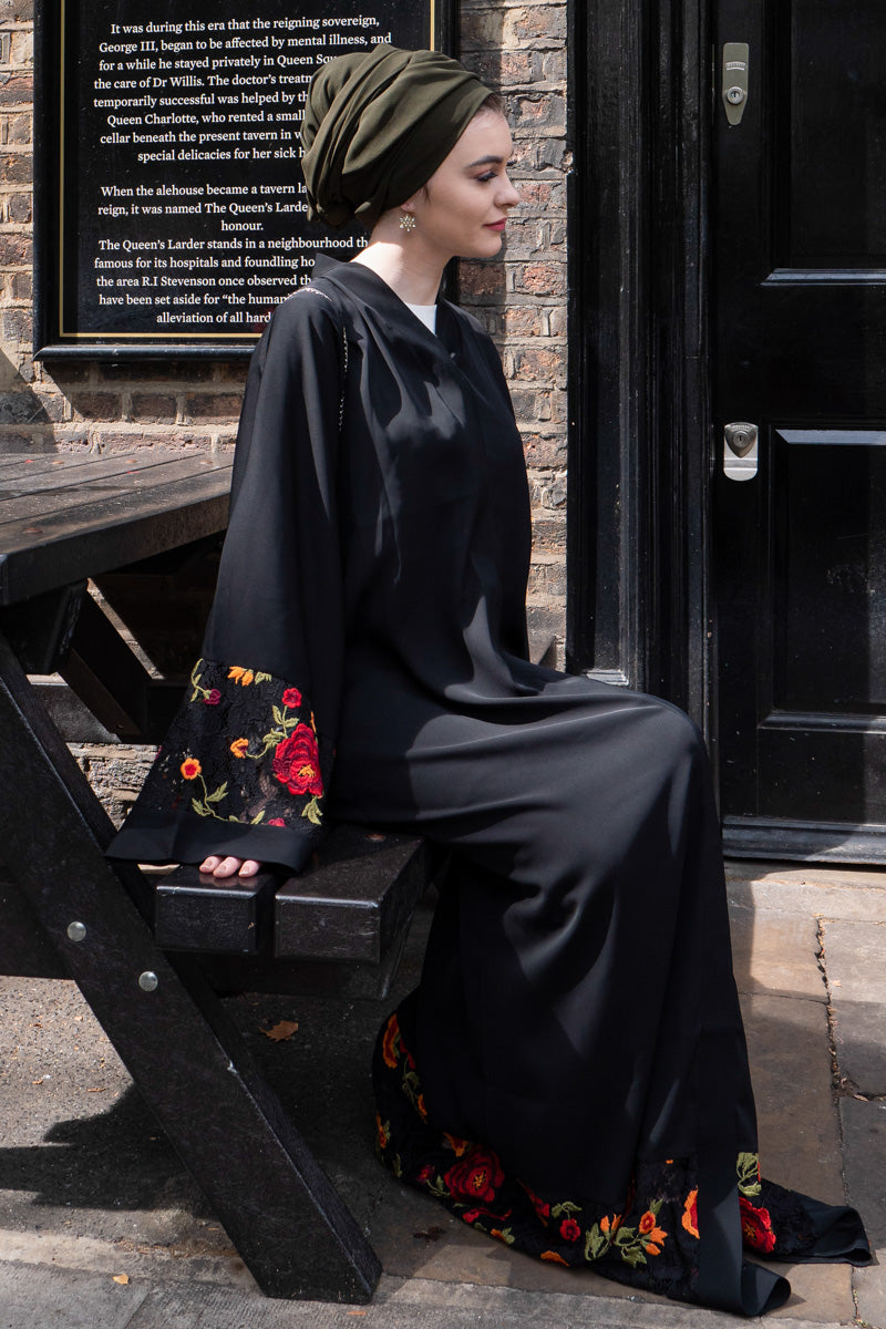 Feradje Red Flower Sleeve Bottom Black Abaya