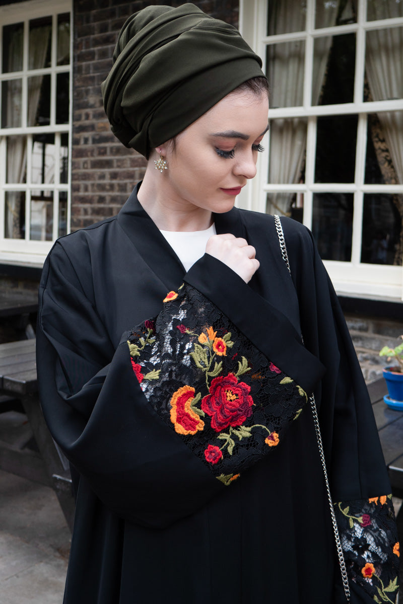 Feradje Red Flower Sleeve Black Abaya