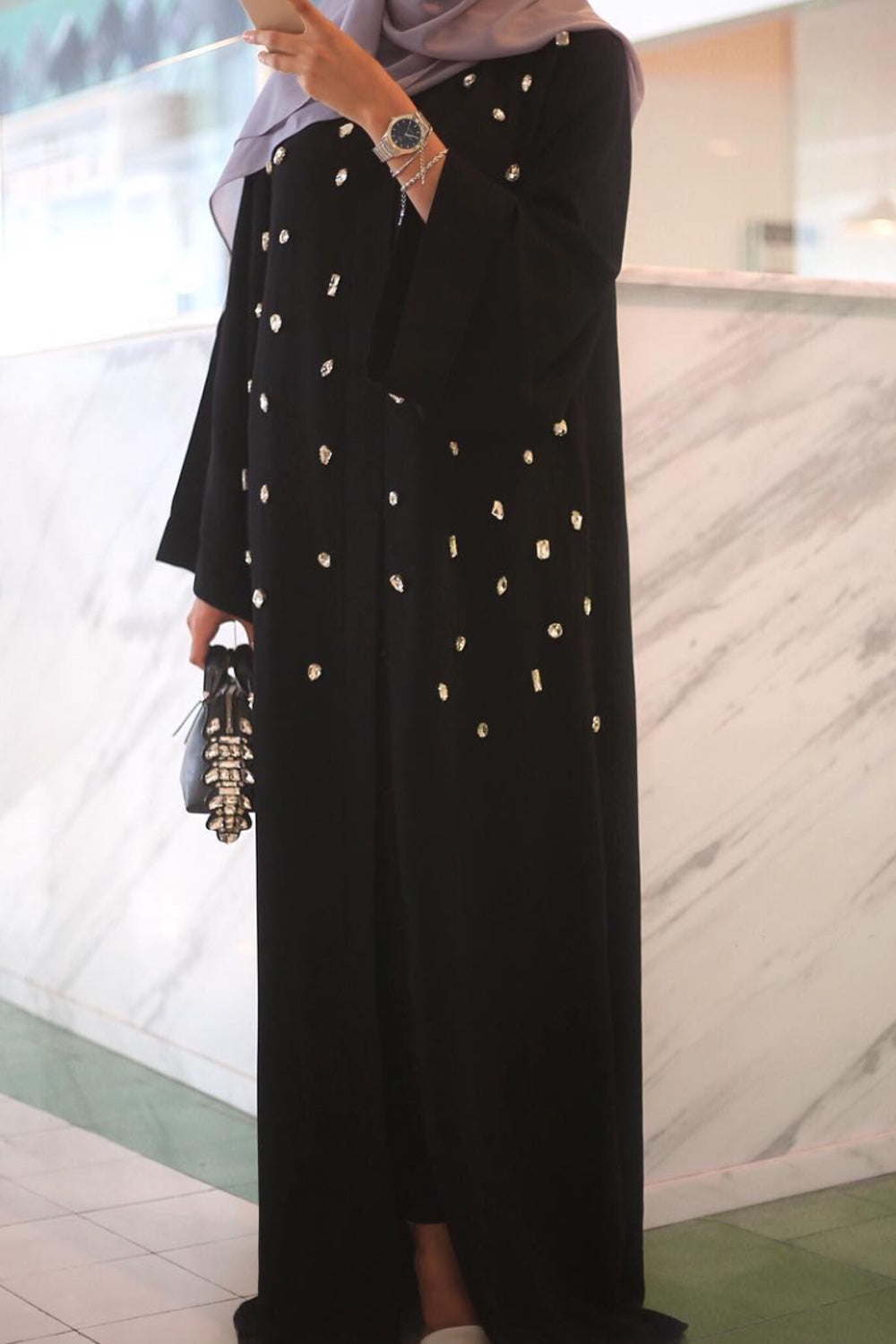 Black Abaya with Diamond Stones