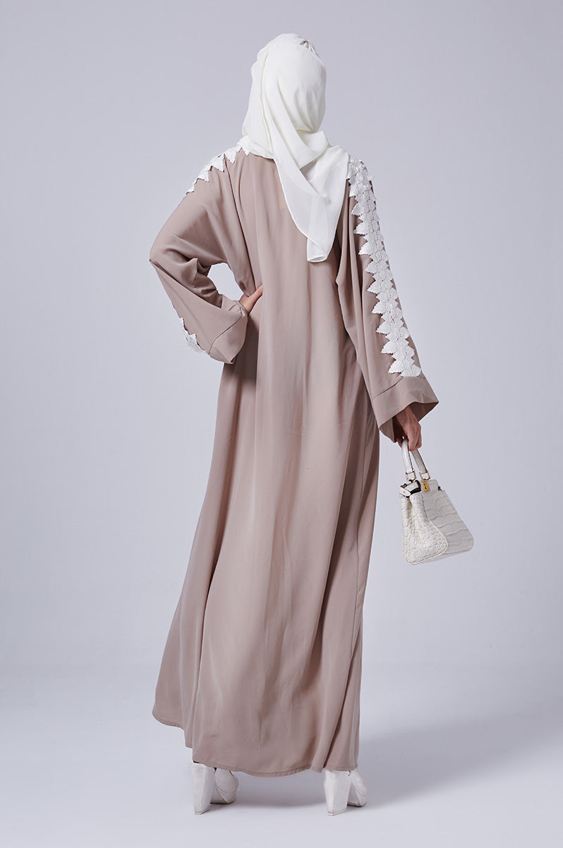 Feradje Beige Open Front Abaya with White Lace on Shoulders in Silk