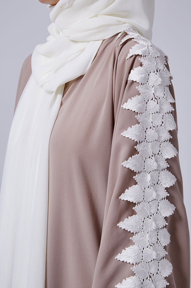 Feradje Beige Open Front Abaya with White Lace on Shoulders in Silk