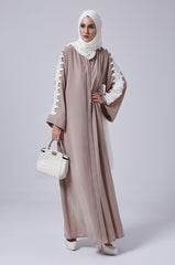 Feradje Beige Open Front Abaya with White Lace on Shoulders in Silk