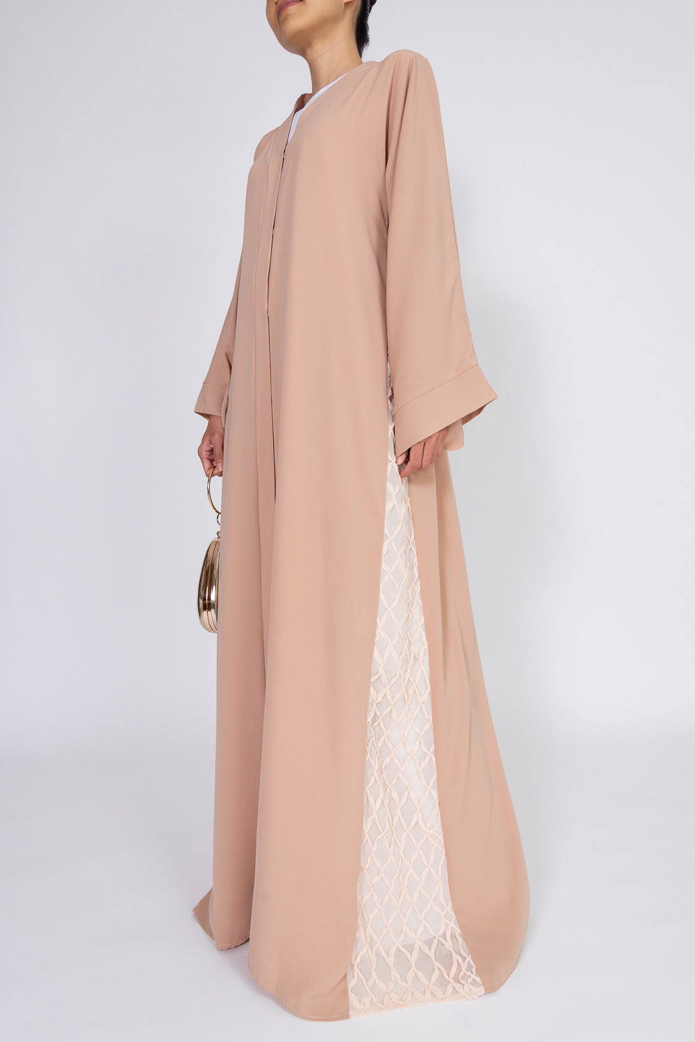 Feradje Blush Closed Abaya with Side Lace in Silk