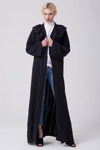 Feradje Black Open Abaya with Frills on Neck