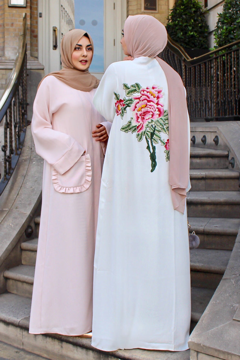Feradje White Abaya Floral Back