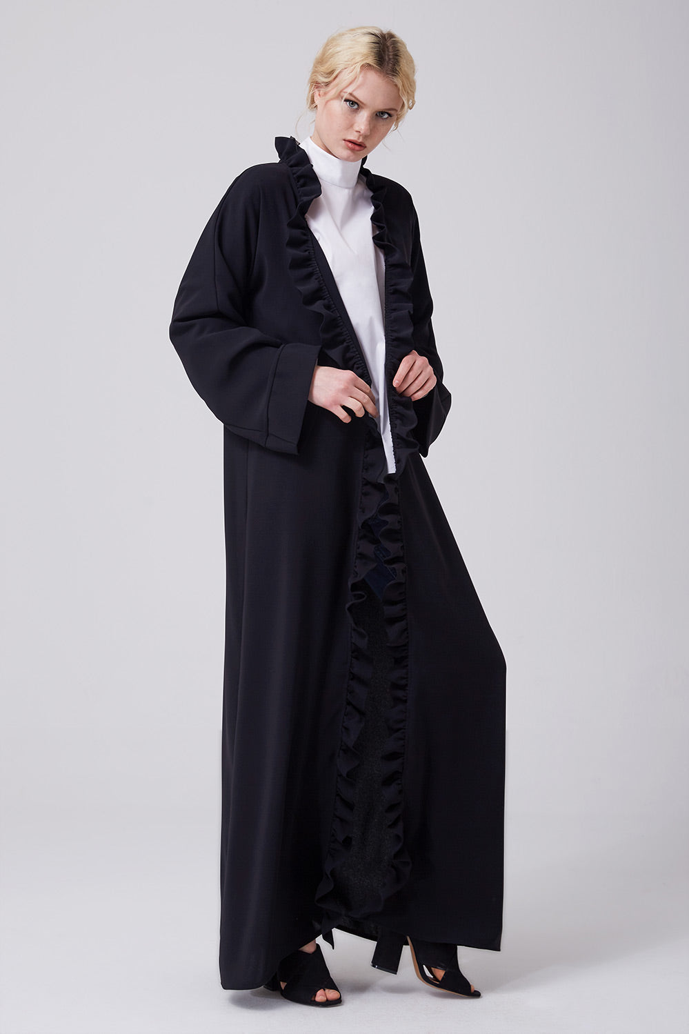Feradje Black Open Abaya with Frills in Front