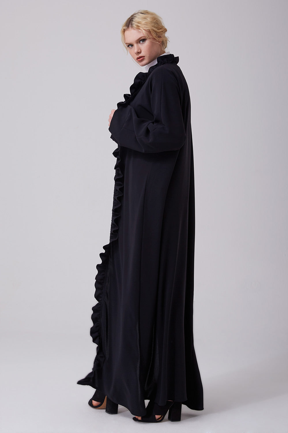 Feradje Black Open Abaya with Frills in Front