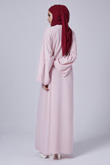 Feradje Closed Pink Abaya with Red Flowers on Right Chest in Silk