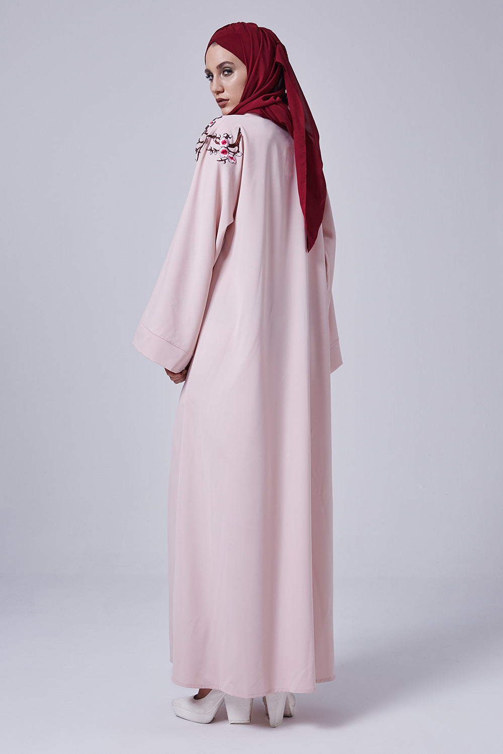 Feradje Pink Abaya with Flowers on Chest in Silk