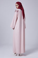 Feradje Pink Abaya with Flowers on Chest in Silk