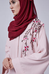 Feradje Pink Abaya with Flowers on Chest in Silk