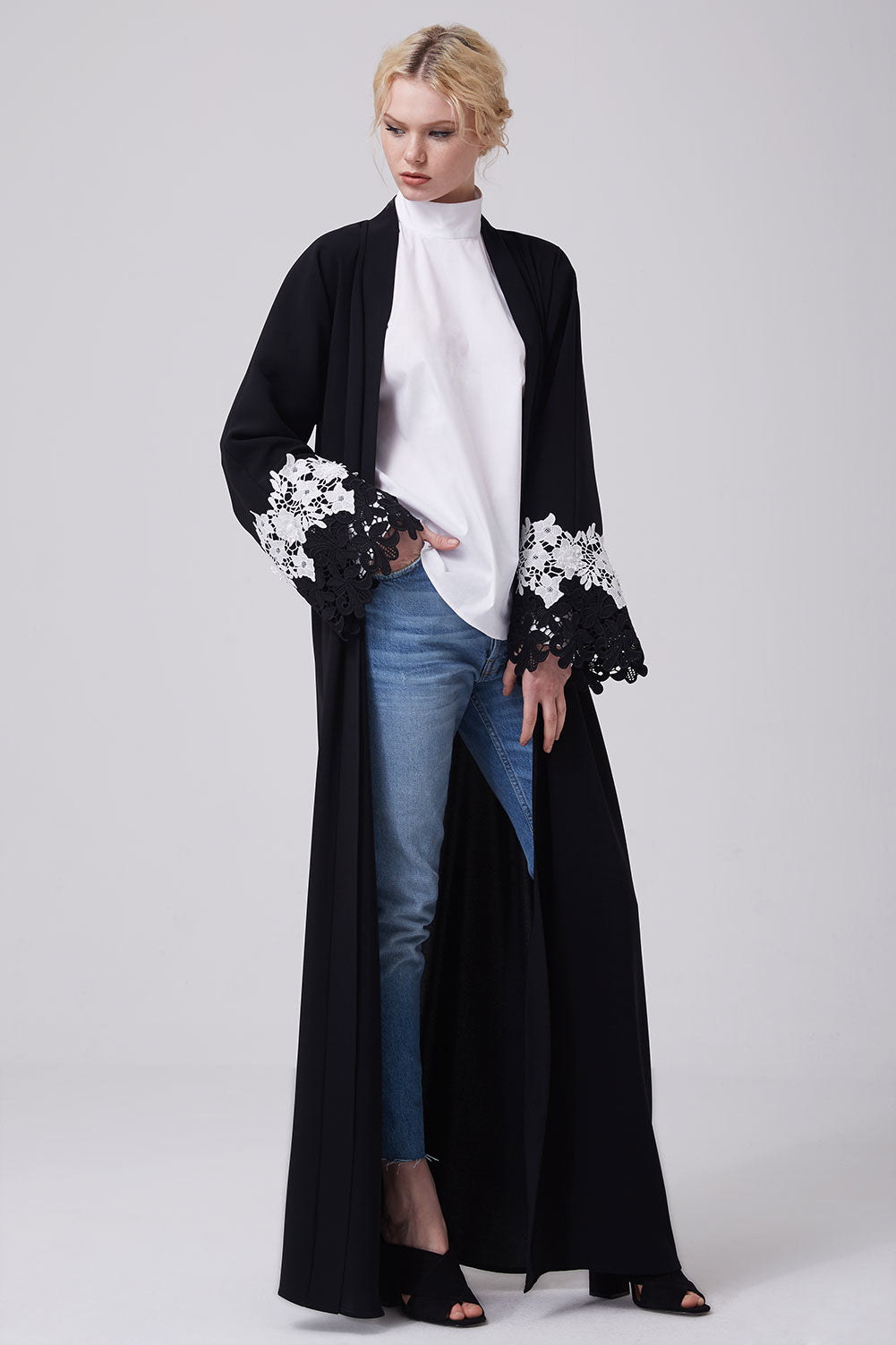 Feradje Black Open Abaya with White Lace on Sleeves in Crepe