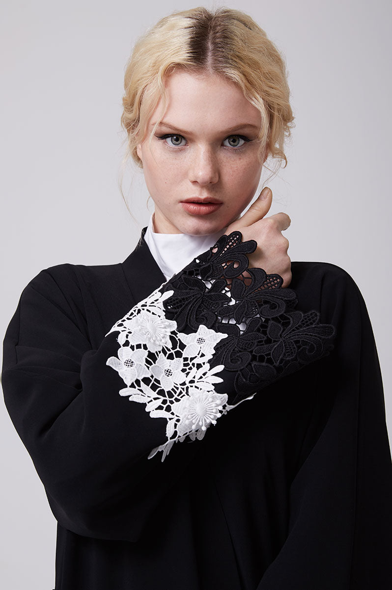 Feradje Black Open Abaya with White Lace on Sleeves in Crepe