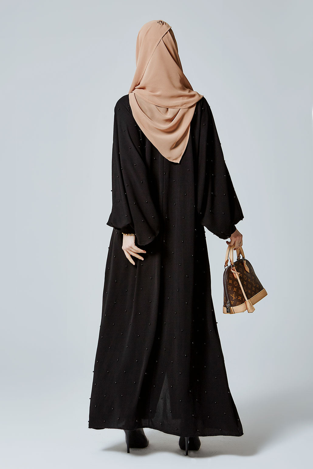 Feradje Black Closed Abaya with Pearls in Silk