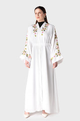 White Flower Sleeve Belt Abaya
