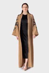 Beige with Black Embroidery Sleeve Open Abaya