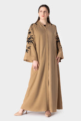 Beige with Black Embroidery Sleeve Abaya