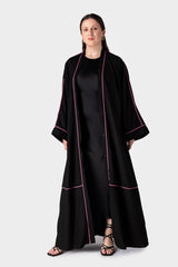 Black Open Abaya with Pink Trim