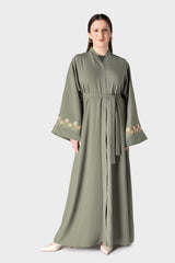 Embroidered Sleeve Green Belt Abaya