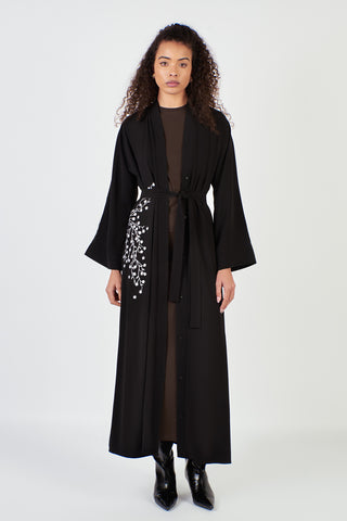 Embroidered Waist Black Abaya with Belt