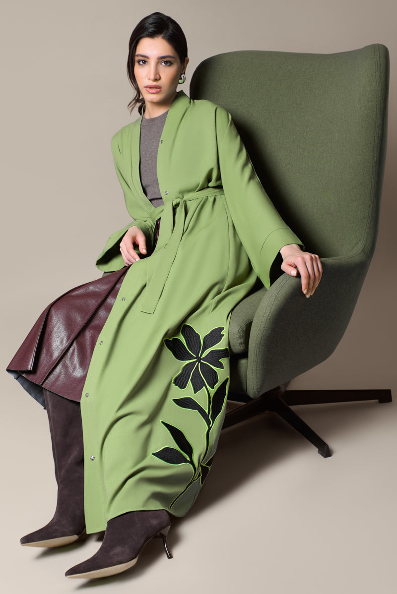 Moss green abaya with black embroidery and bright green outline, open front