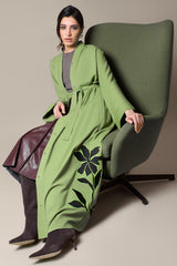 Moss green abaya with black embroidery and bright green outline, open front