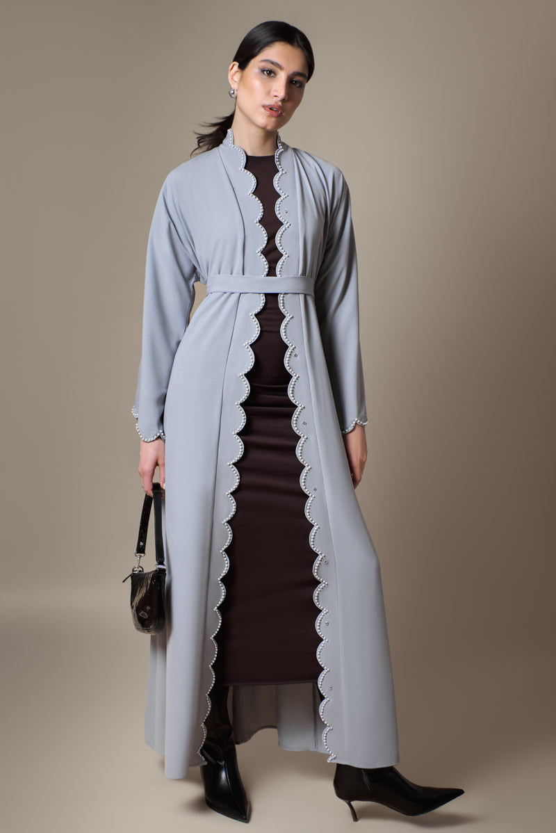 Grey abaya with pearl scallop embroidery along edges placket and cuffs, with matching belt open front