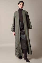 Olive green Tencel abaya with tonal embroidered flowers, cutout flowers open unbuttoned front view