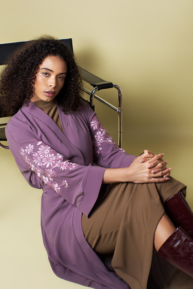 Plum Abaya with Embroidered Sleeves