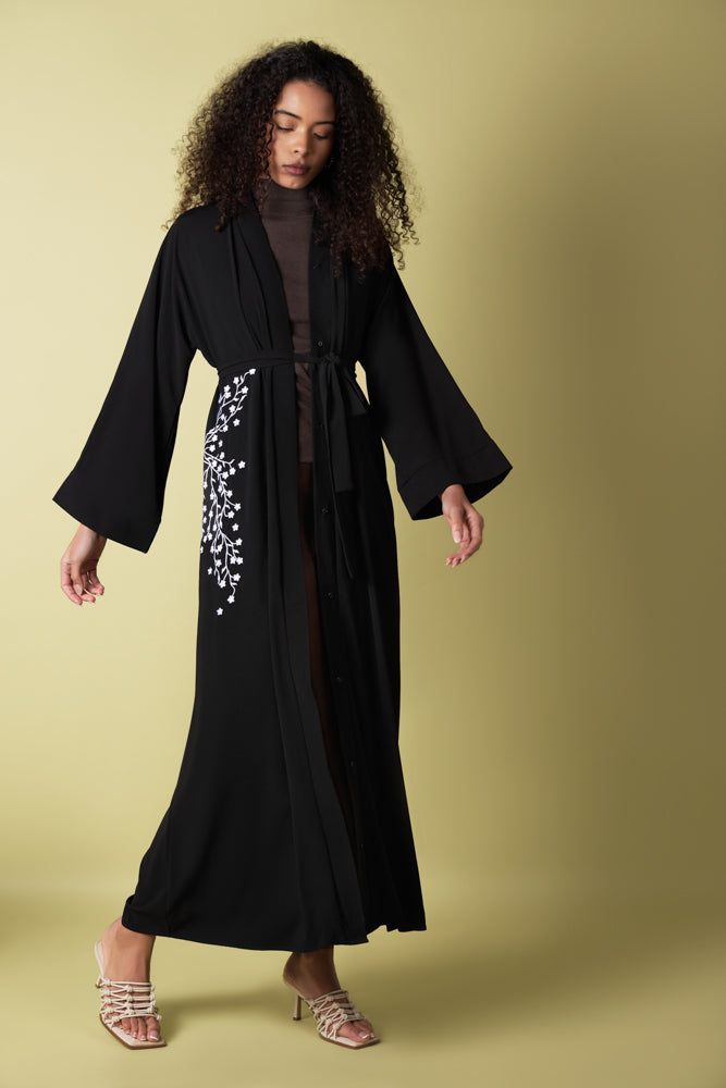 Black Abaya with Embroidered Waist and Belt