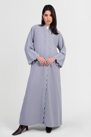 Grey abaya with pearl scallop embroidery along edges placket and cuffs