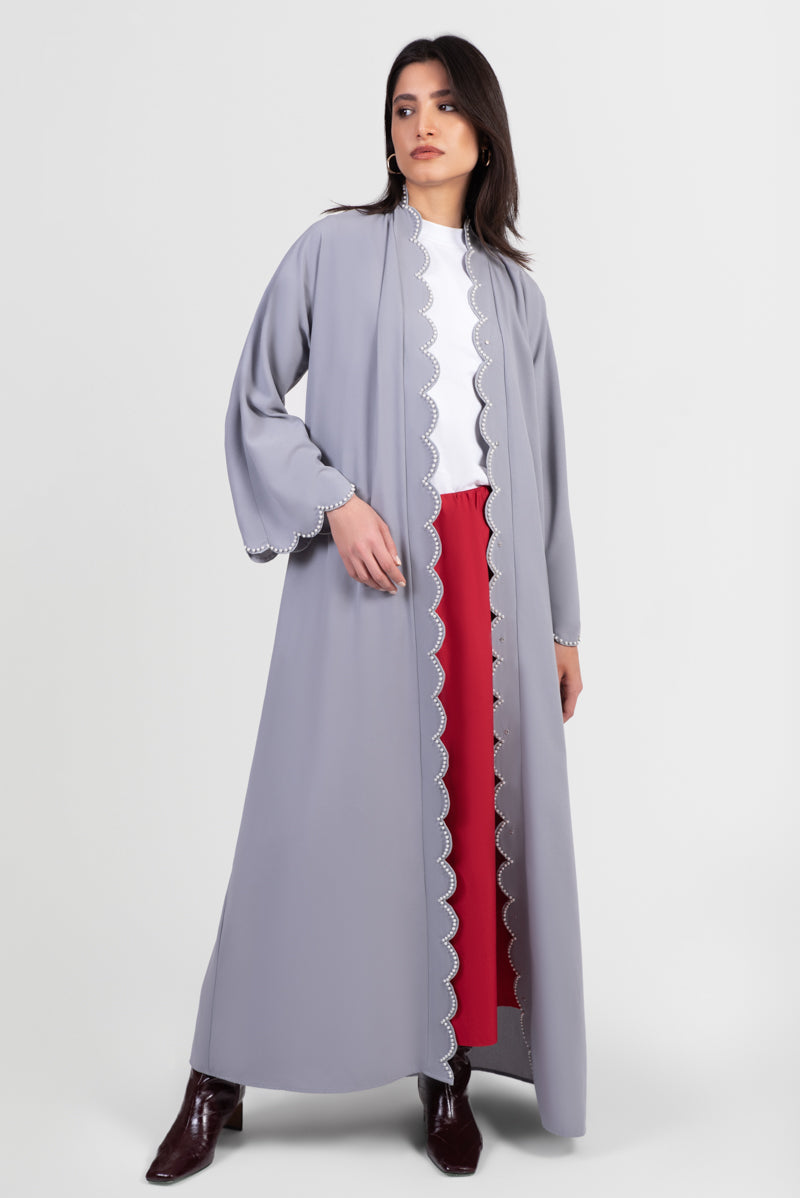 Grey abaya with pearl scallop embroidery along edges placket and cuffs, open front