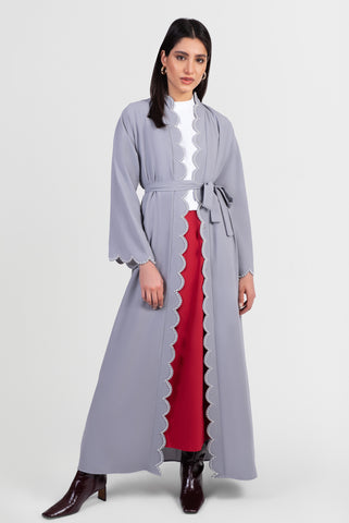 Grey abaya with pearl scallop embroidery along edges placket and cuffs, with matching belt