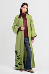 Moss green abaya with black embroidery and bright green outline, open front