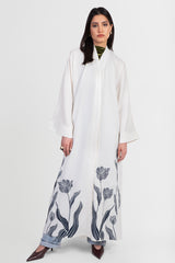 Off-white abaya with navy embroidered floral details front view