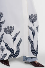 Off-white abaya with navy embroidered floral details 