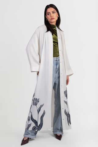 Off-white abaya with navy embroidered floral details open view