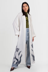 Off-white abaya with navy embroidered floral details open view