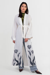 Off-white abaya with navy embroidered floral details and matching belt