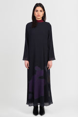 Black abaya with printed pattern and pleated design,, front view