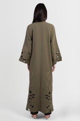 Olive green Tencel abaya with tonal embroidered flowers, cutout flowers back view
