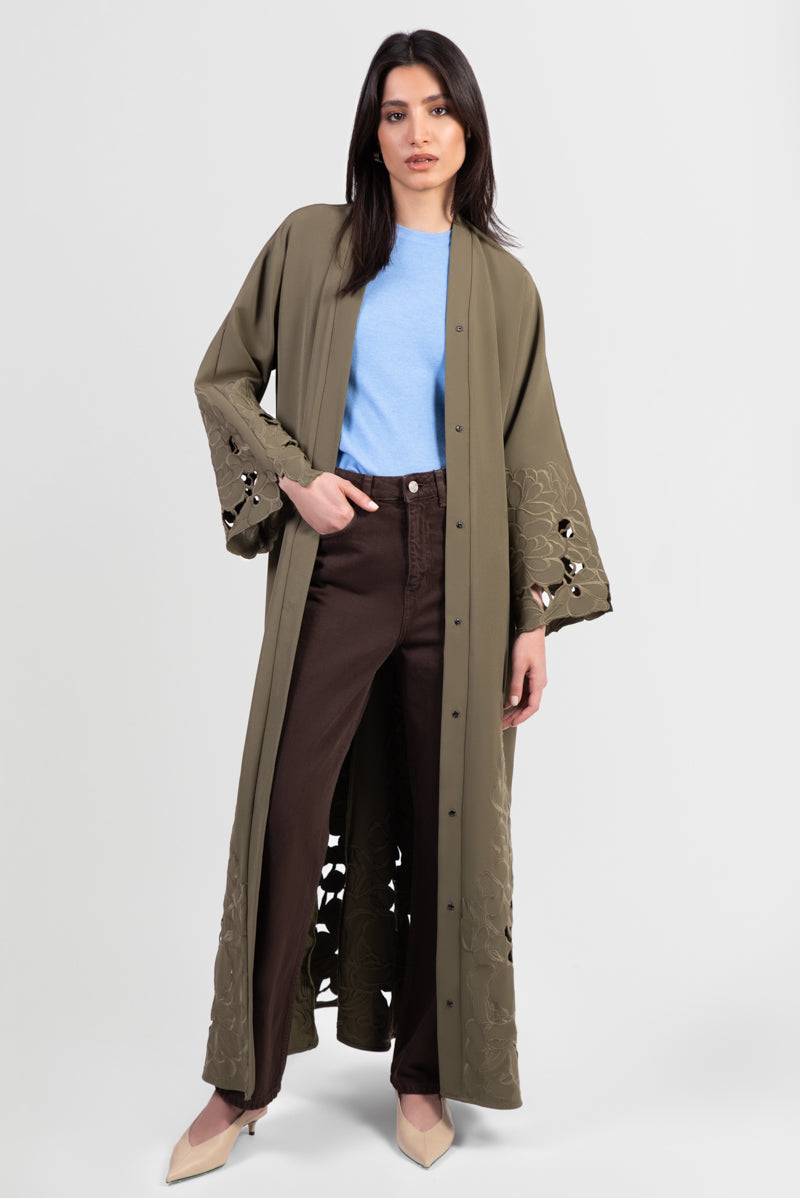 Olive green Tencel abaya with tonal embroidered flowers, cutout flowers, open front view